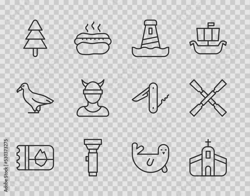 Set line Ticket in Iceland, Church building, Lighthouse, Flashlight, Tree, Viking head, Fur seal animal and Oars or paddles boat icon. Vector