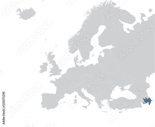 Blue Map of Azerbaijan within gray map of European continent