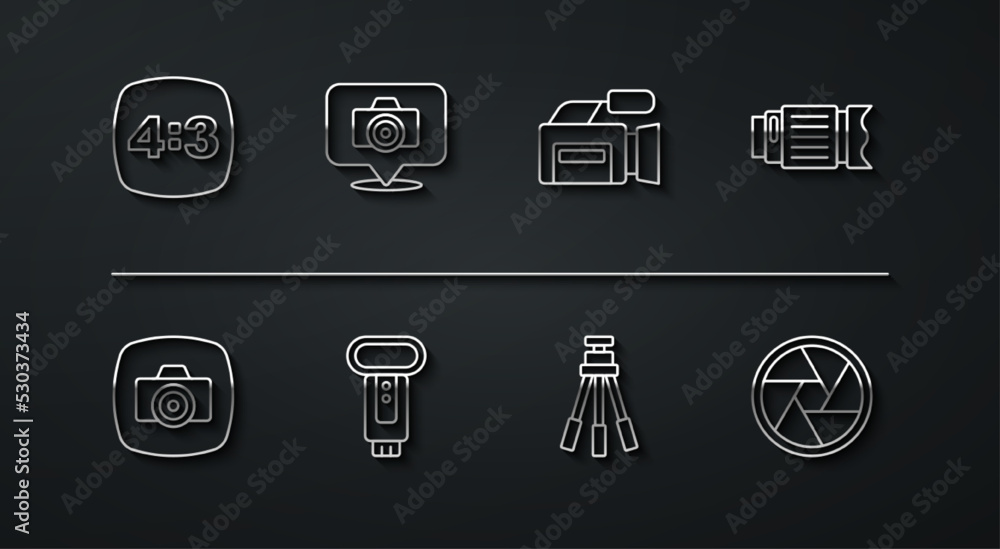 Set line Photo frame 4, camera, Camera photo lens, Tripod, flash, shutter and Cinema icon. Vector Set line Photo frame 4, camera, Camera photo lens, Tripod, flash, shutter and Cinema icon. Vector