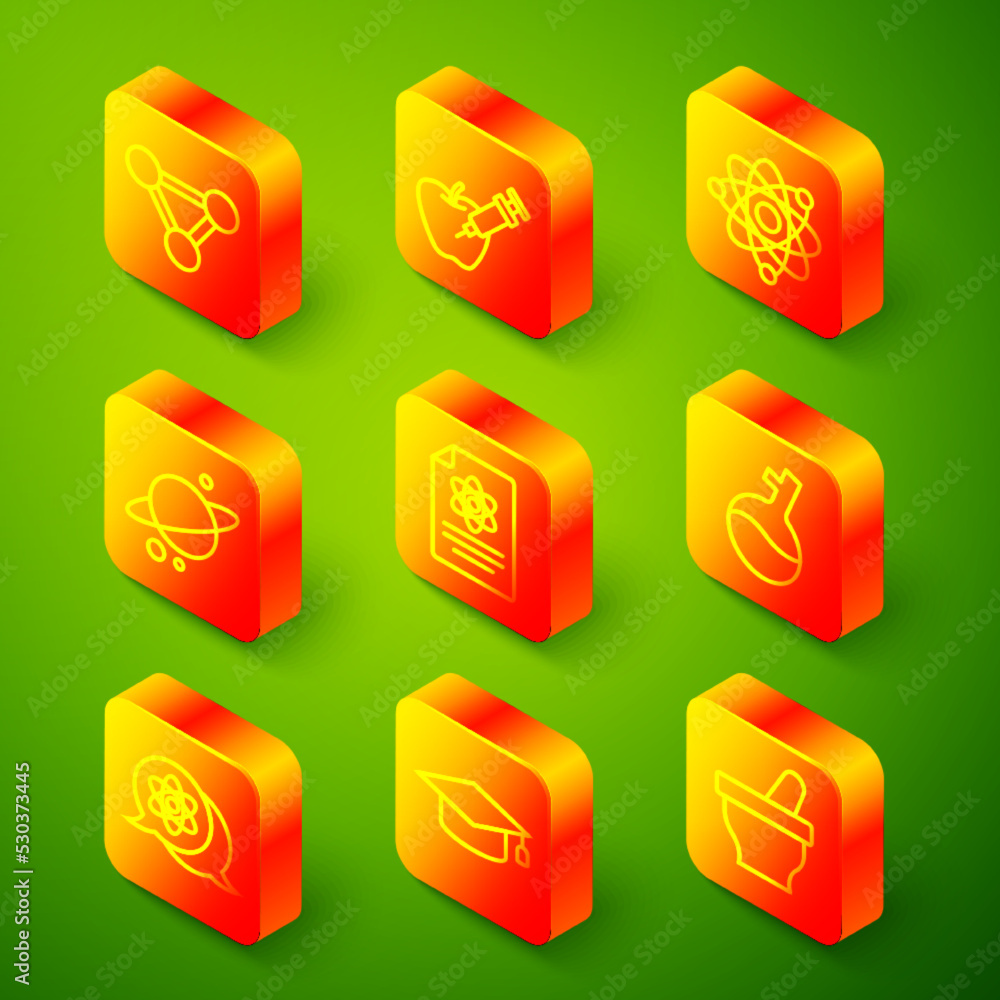 Set line Molecule, Genetically modified apple, Atom, Planet Saturn, Chemistry report, Test tube, and Graduation cap icon. Vector Set line Molecule, Genetically modified apple, Atom, Planet Saturn, Chemistry report, Test tube, and Graduation cap icon. Vector