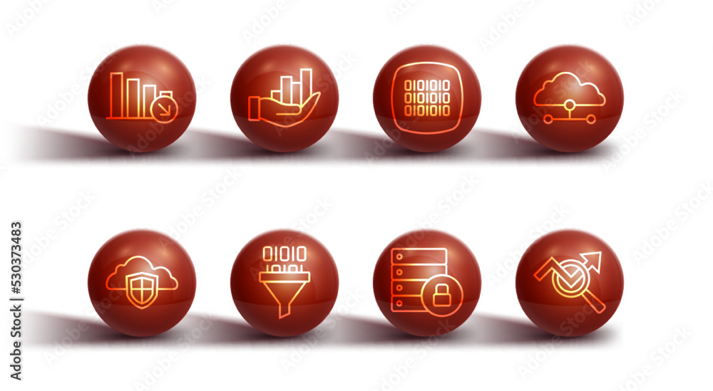 Set line Financial growth decrease, Cloud and shield, Network cloud connection, Server security with padlock, Binary code, Pie chart infographic, Search data analysis and icon. Vector Set line Financial growth decrease, Cloud and shield, Network cloud connection, Server security with padlock, Binary code, Pie chart infographic, Search data analysis and icon. Vector