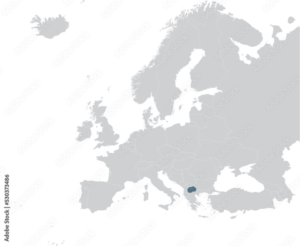Fototapeta premium Blue Map of North Macedonia within gray map of European continent
