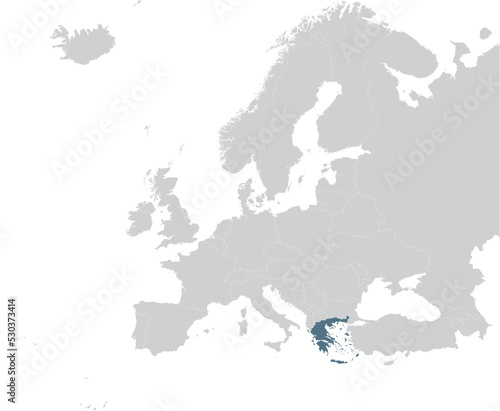 Blue Map of Greece within gray map of European continent