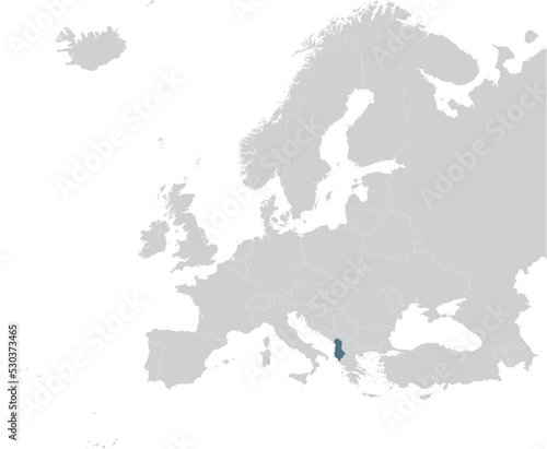 Blue Map of Albania within gray map of European continent