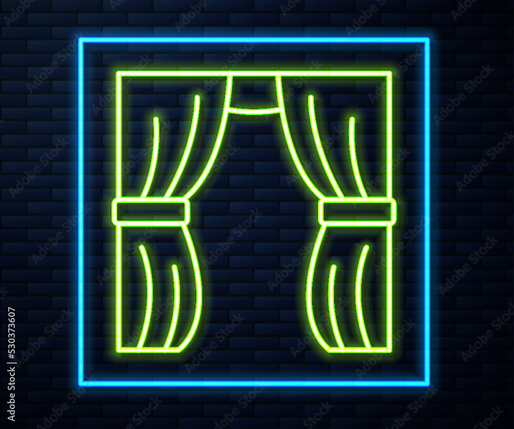 Glowing neon line Circus curtain raises icon isolated on brick wall background. For theater or opera scene backdrop, concert grand opening or cinema premiere. Vector Glowing neon line Circus curtain raises icon isolated on brick wall background. For theater or opera scene backdrop, concert grand opening or cinema premiere. Vector
