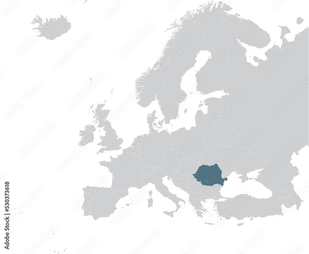 Blue Map of Romania within gray map of European continent