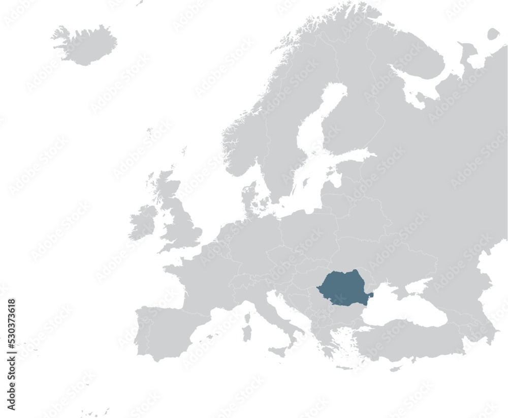 Fototapeta premium Blue Map of Romania within gray map of European continent