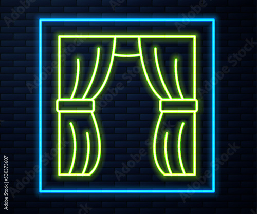 Glowing neon line Circus curtain raises icon isolated on brick wall background. For theater or opera scene backdrop, concert grand opening or cinema premiere. Vector