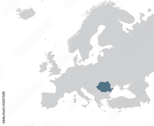 Blue Map of Romania within gray map of European continent