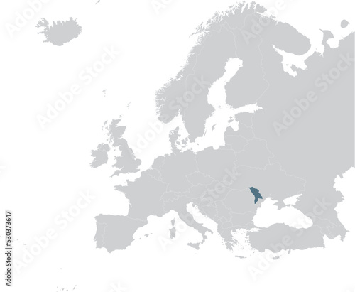 Blue Map of Moldova within gray map of European continent