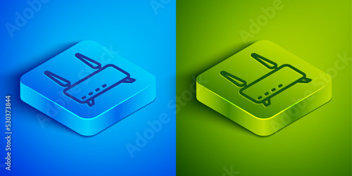 Isometric line Router and wi-fi signal icon isolated on blue and green background. Wireless ethernet modem router. Computer technology internet. Square button. Vector