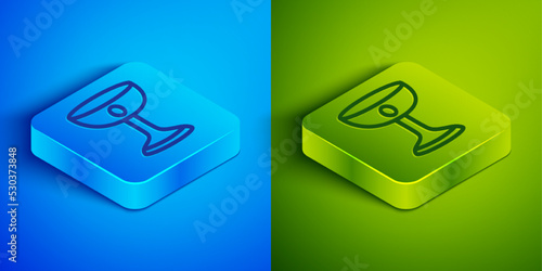 Isometric line Christian chalice icon isolated on blue and green background. Christianity icon. Happy Easter. Square button. Vector