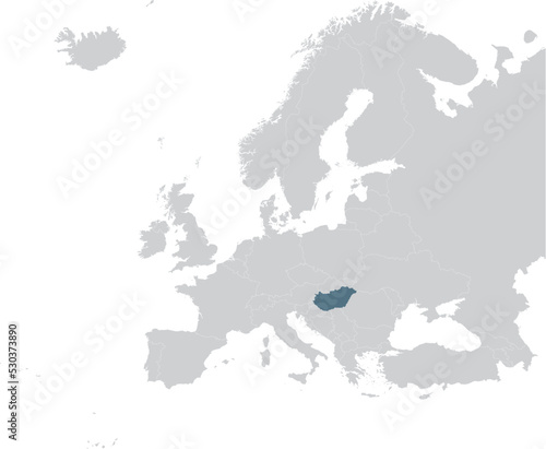 Blue Map of Hungary within gray map of European continent