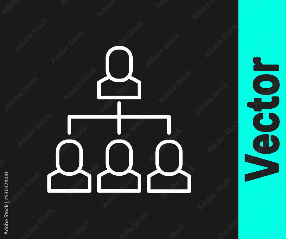 White line Business hierarchy organogram chart infographics icon isolated on black background. Corporate organizational structure graphic elements. Vector