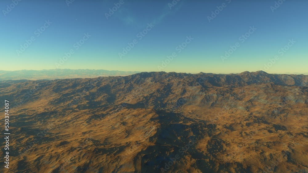 Mars like red planet, with arid landscape, rocky hills and mountains, for space exploration and science fiction backgrounds.
Mars like red planet, with arid landscape, rocky hills and mountains, for space exploration and science fiction backgrounds.