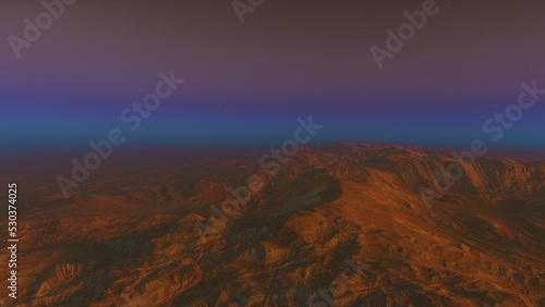 Mars like red planet  with arid landscape  rocky hills and mountains  for space exploration and science fiction backgrounds. 