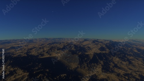 Mars like red planet, with arid landscape, rocky hills and mountains, for space exploration and science fiction backgrounds. 