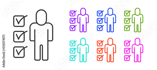 Black line Resume icon isolated on white background. CV application. Searching professional staff. Analyzing personnel resume. Set icons colorful. Vector