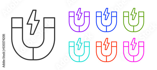Black line Magnet icon isolated on white background. Horseshoe magnet, magnetism, magnetize, attraction. Set icons colorful. Vector