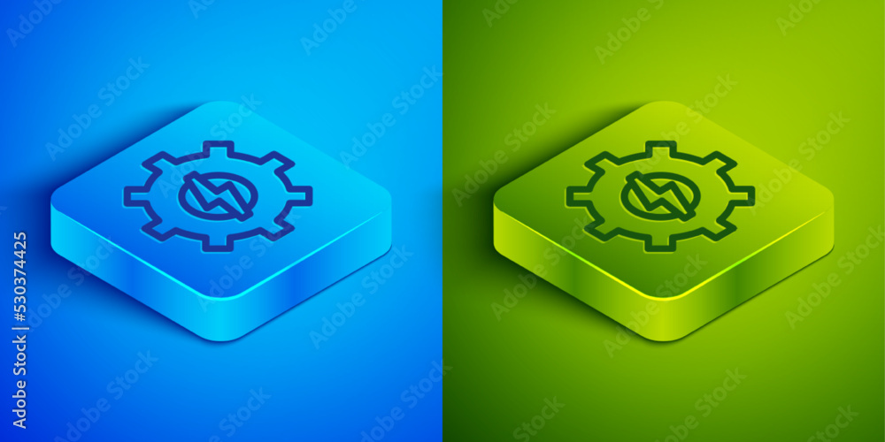 Isometric line Gear and lightning icon isolated on blue and green background. Electric power. Lightning bolt sign. Square button. Vector Isometric line Gear and lightning icon isolated on blue and green background. Electric power. Lightning bolt sign. Square button. Vector