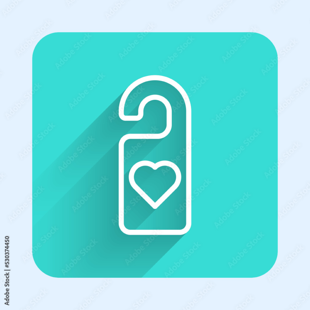 White line Please do not disturb with heart icon isolated with long shadow background. Hotel Door Hanger Tags. Green square button. Vector White line Please do not disturb with heart icon isolated with long shadow background. Hotel Door Hanger Tags. Green square button. Vector