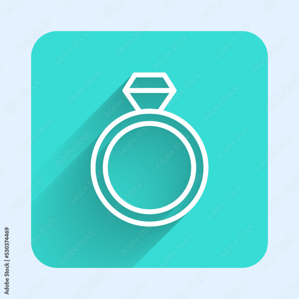 White line Wedding rings icon isolated with long shadow background. Bride and groom jewelry sign. Marriage symbol. Diamond ring. Green square button. Vector White line Wedding rings icon isolated with long shadow background. Bride and groom jewelry sign. Marriage symbol. Diamond ring. Green square button. Vector