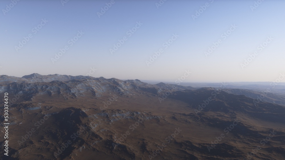 Mars like red planet, with arid landscape, rocky hills and mountains, for space exploration and science fiction backgrounds.
Mars like red planet, with arid landscape, rocky hills and mountains, for space exploration and science fiction backgrounds.