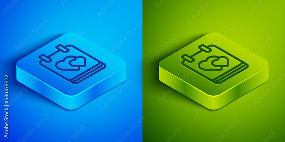 Isometric line Calendar with heart icon isolated on blue and green background. Valentines day. Love symbol. February 14. Square button. Vector Isometric line Calendar with heart icon isolated on blue and green background. Valentines day. Love symbol. February 14. Square button. Vector