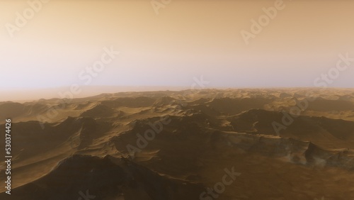 Mars like red planet, with arid landscape, rocky hills and mountains, for space exploration and science fiction backgrounds. 