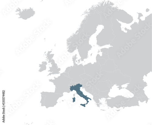 Blue Map of Italy within gray map of European continent