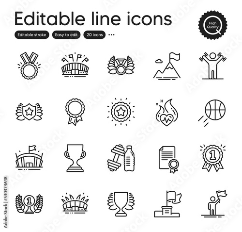 Set of Sports outline icons. Contains icons as Dumbbell, Arena and Arena stadium elements. Winner, Dumbbells workout, Laureate medal web signs. Winner flag, Leadership, Laureate elements. Vector