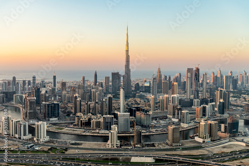 Photography Aerial view Dubai city skyscrapers Burj Khalifa UAE
