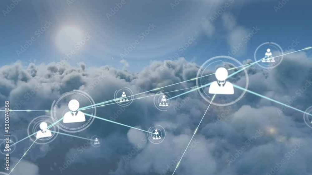 Animation of network of profile icons against grey clouds in the blue sky Animation of network of profile icons against grey clouds in the blue sky