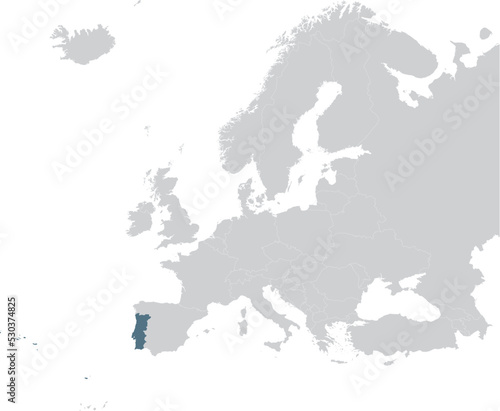 Blue Map of Portugal within gray map of European continent