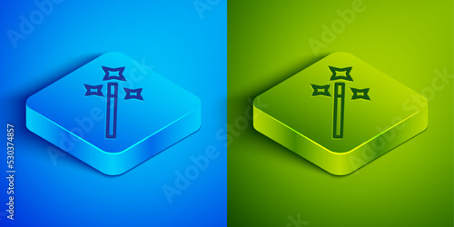 Isometric line Photo retouching icon isolated on blue and green background. Photographer, photography, retouch icon. Square button. Vector