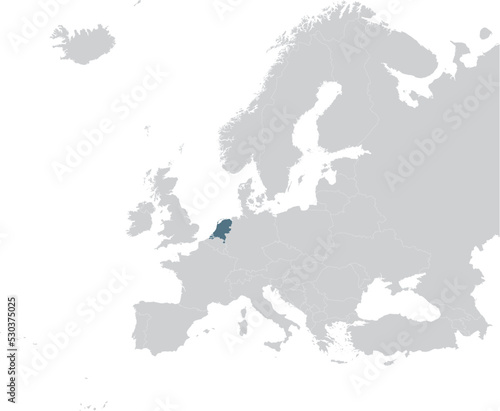 Blue Map of Netherlands within gray map of European continent