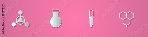 Set paper cut Molecule, Test tube and flask, Pipette and Chemical formula icon. Paper art style. Vector