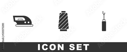 Set Electric iron, Sewing thread spool and Awl tool icon. Vector