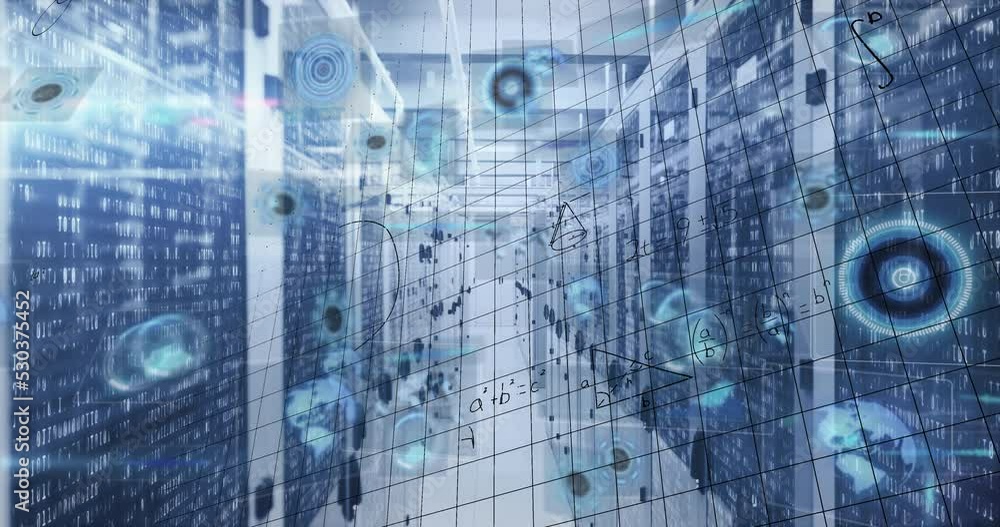 Animation of mathematical equations over round scanners and data processing against server room Animation of mathematical equations over round scanners and data processing against server room