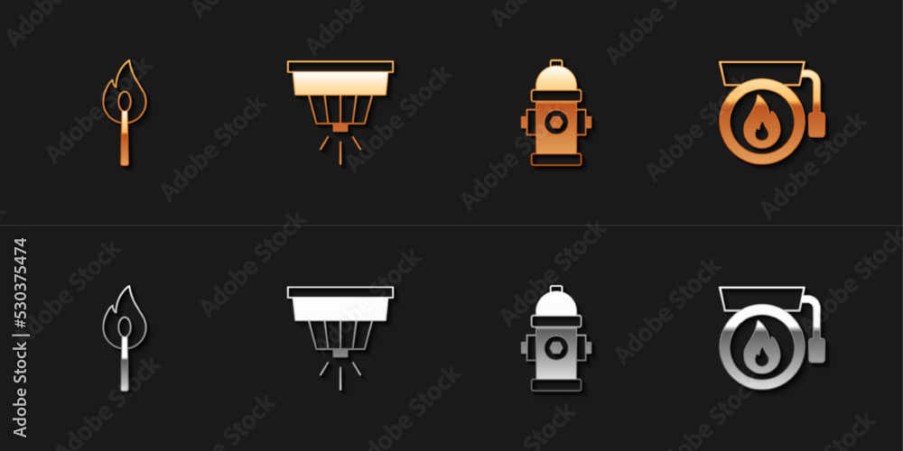 Set Burning match with fire, Smoke alarm system, Fire hydrant and Ringing bell icon. Vector Set Burning match with fire, Smoke alarm system, Fire hydrant and Ringing bell icon. Vector