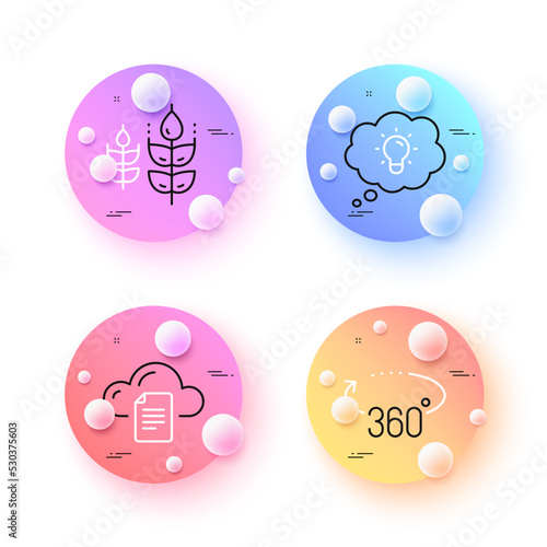 Energy, Gluten free and File storage minimal line icons. 3d spheres or balls buttons. 360 degrees icons. For web, application, printing. Lightbulb, Bio ingredients, Cloud computing. Vector