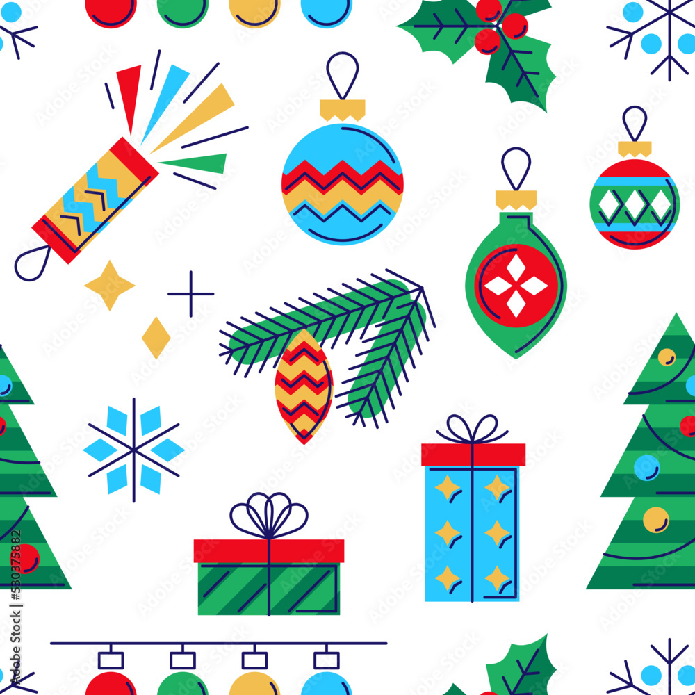 Merry Christmas and Happy New Year seamless pattern. Holiday winter seasonal objects.