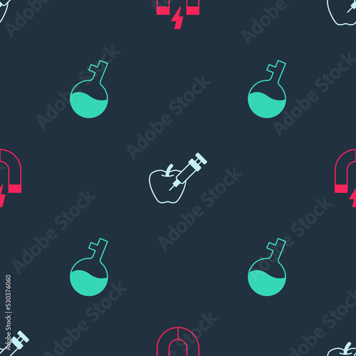 Set Magnet, Genetically modified apple and Test tube on seamless pattern. Vector