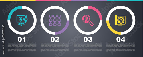 Set line Cryptocurrency wallet, Blockchain technology, Magnifying glass with Bitcoin and Video graphic card. Business infographic template. Vector