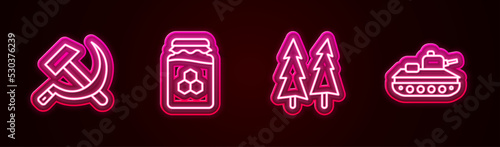 Set line Hammer and sickle USSR, Jar of honey, Christmas tree and Military tank. Glowing neon icon. Vector