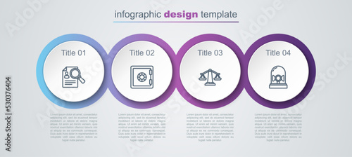 Set line Paper analysis magnifying, Safe, Scales of justice and Flasher siren. Business infographic template. Vector