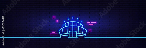 Neon light glow effect. Arena stadium line icon. Sport complex sign. Championship building symbol. 3d line neon glow icon. Brick wall banner. Arena stadium outline. Vector