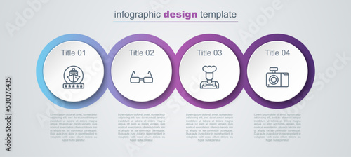 Set line Cruise ship, Glasses, Cook and Photo camera. Business infographic template. Vector