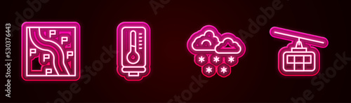 Set line Route location, Meteorology thermometer, Cloud with snow and Cable car. Glowing neon icon. Vector