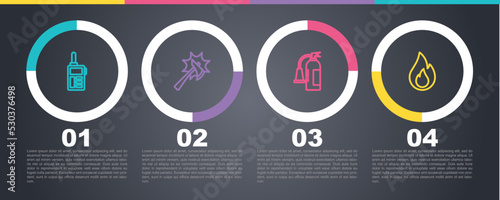 Set line Walkie talkie, Firefighter axe, extinguisher and flame. Business infographic template. Vector